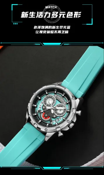 Design MEGIR Chronograph Turquoise Silicone Strap Watch Watches - 9