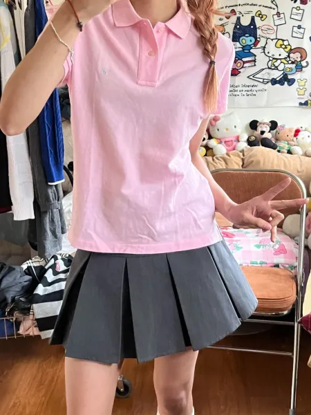 Design Pink Polo Shirt with Gray Pleated Skirt - 1
