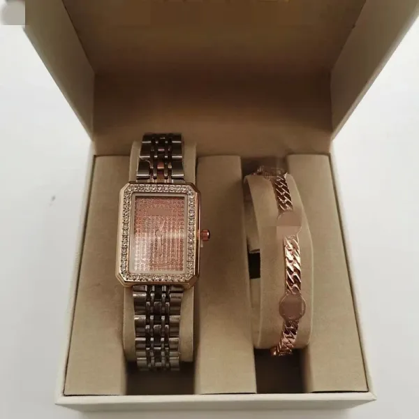 Design Rectangular Crystal-Embellished Watch and Chain Bracelet Set Silver Watches - 3