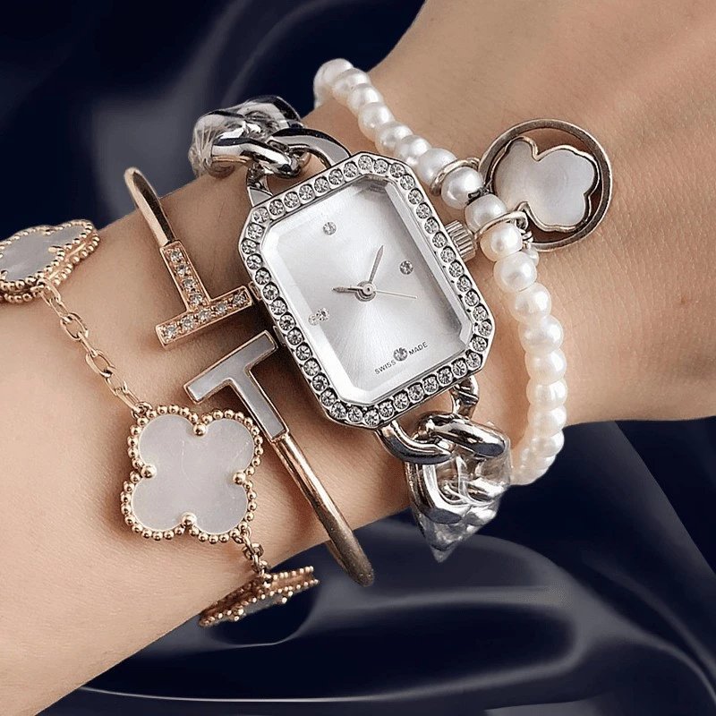Design Rectangular Crystal-Embellished Gold-Tone Chain Watch Black Dial Watches - 6