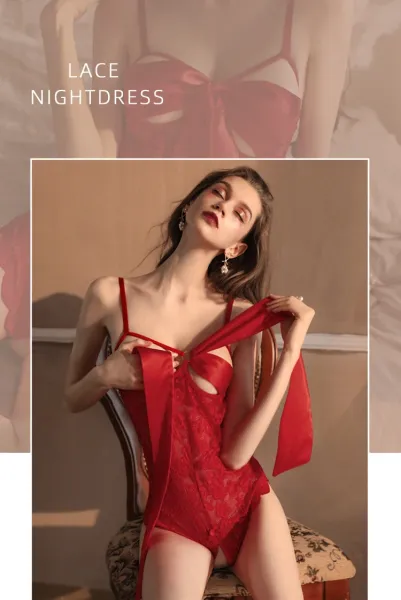 Design Lace Bodysuit with Ribbon Detail Red Underwear Set - 21