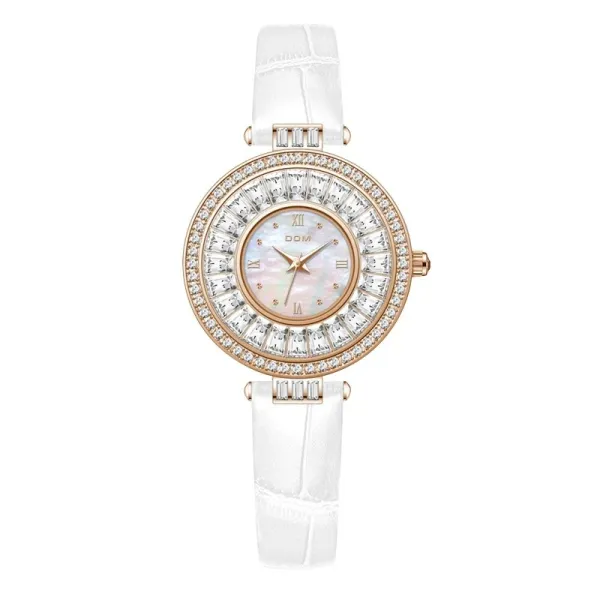 Design DOM Diamond-Encrusted Mother-of-Pearl Dial White Leather Strap Watch Watches - 1