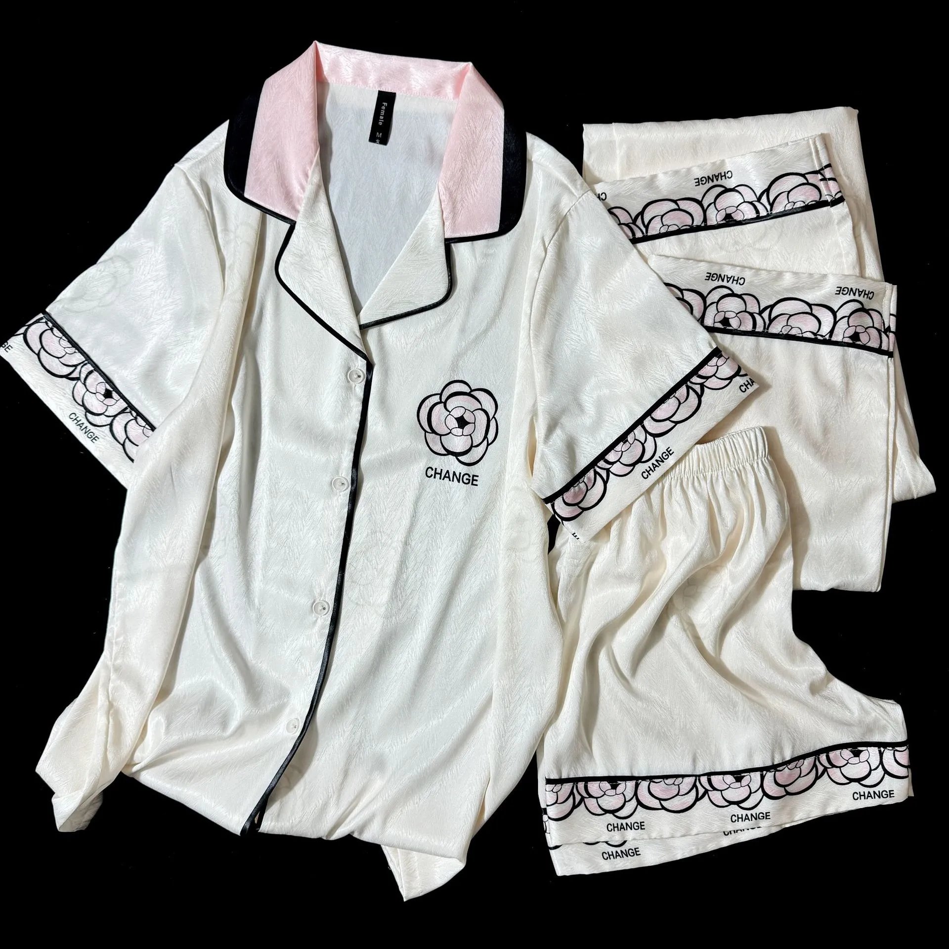Design CHANGE Floral Embroidered Satin Pajama Set Ivory Sleepwear - 13