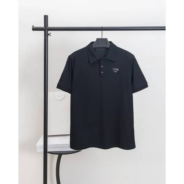 Prada Triangle Logo Piqué Polo Black Polo Shirt - 1