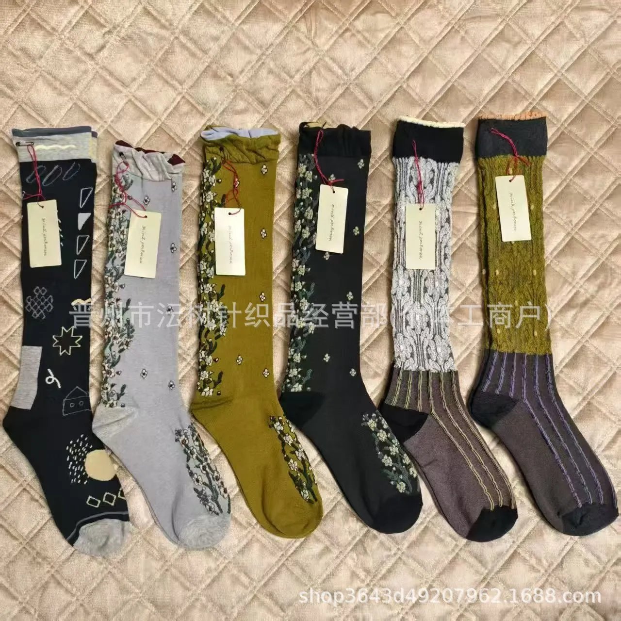 Design Floral Print Ribbed Cuff Socks Black - 3