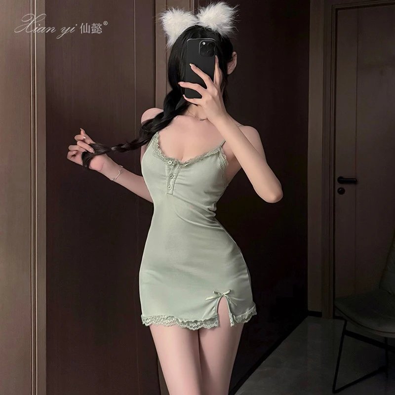 Design Xian yi Lace Trim Camisole Dress Mint Green Sleepwear