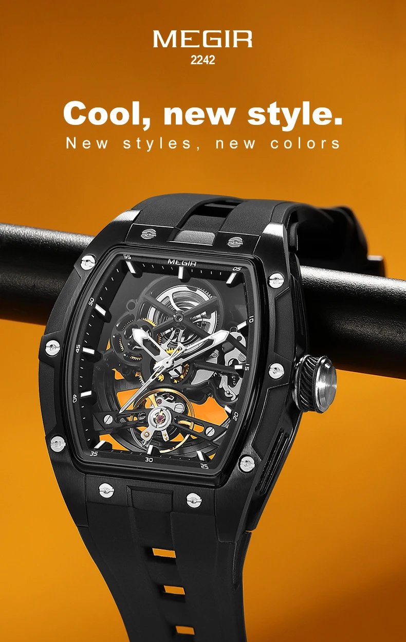 Design MEGIR Skeleton Mechanical Watch Blue Rubber Strap Watches - 5