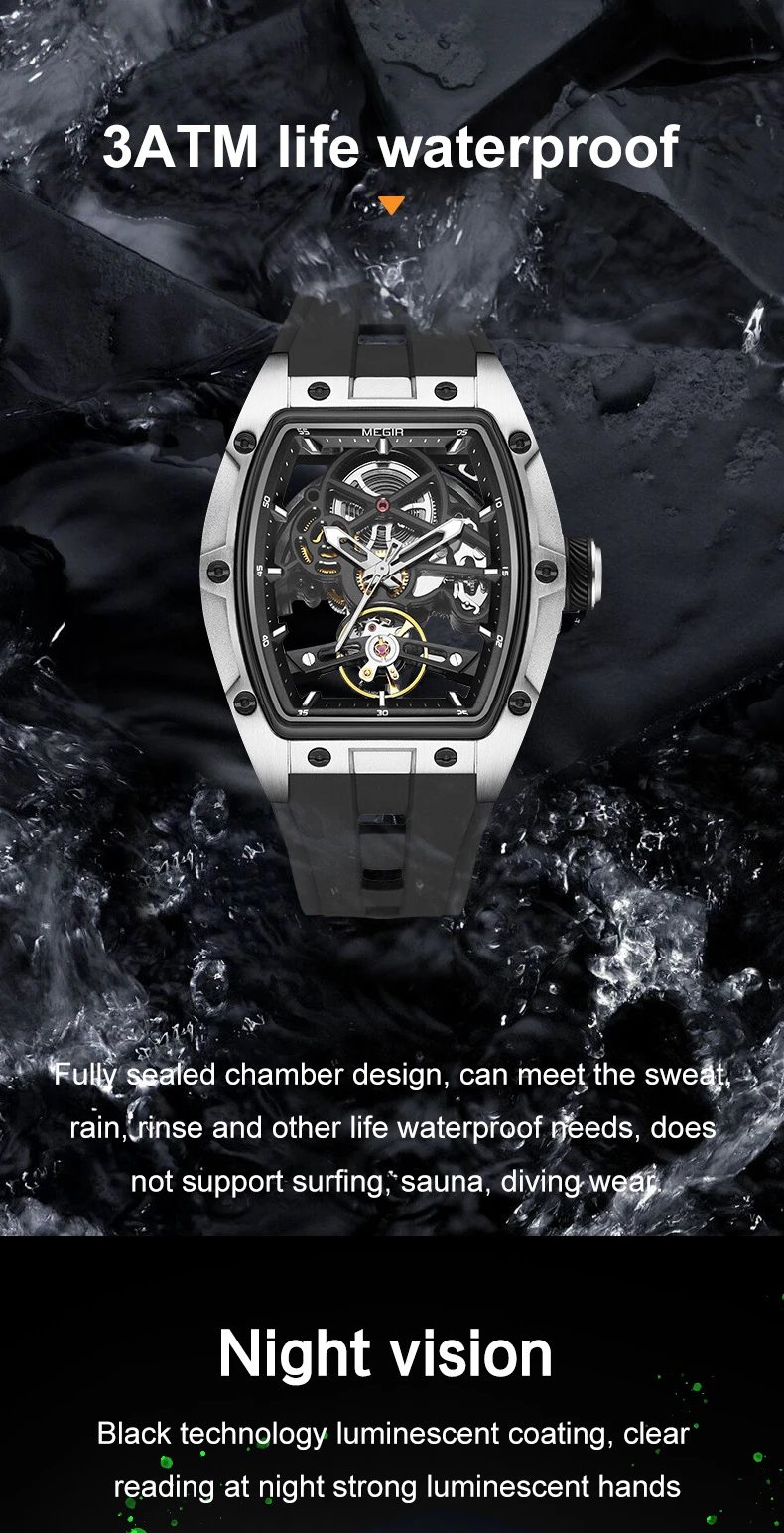 Design MEGIR Skeleton Mechanical Watch Blue Rubber Strap Watches - 10