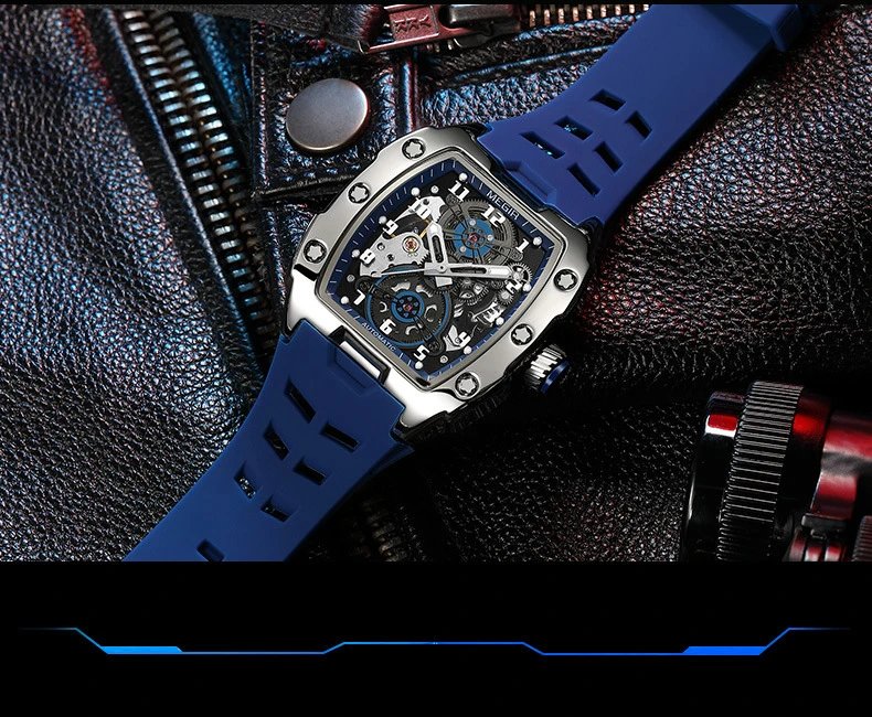 Design MEGIR Mechanical Watch Blue Silicone Strap Automatic Skeleton Watch Watches - 4