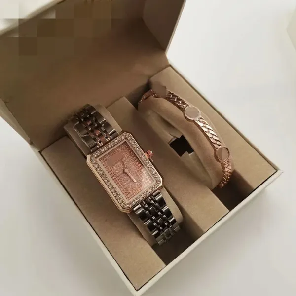 Design Rectangular Crystal-Embellished Watch and Chain Bracelet Set Silver Watches - 4