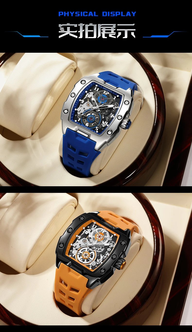 Design MEGIR Mechanical Watch Blue Silicone Strap Automatic Skeleton Watch Watches - 17