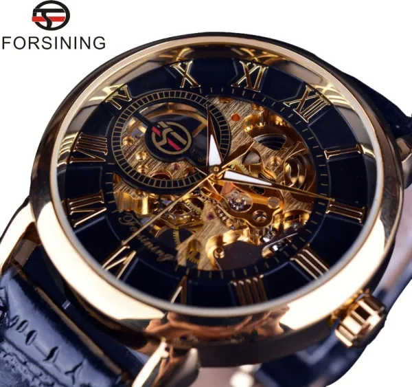 Design Fosining Skeleton Mechanical Watch Gold White Leather Strap Watches - 3