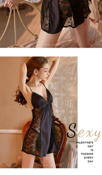 Design Front-Open Lace Sleepwear Set Black - 23