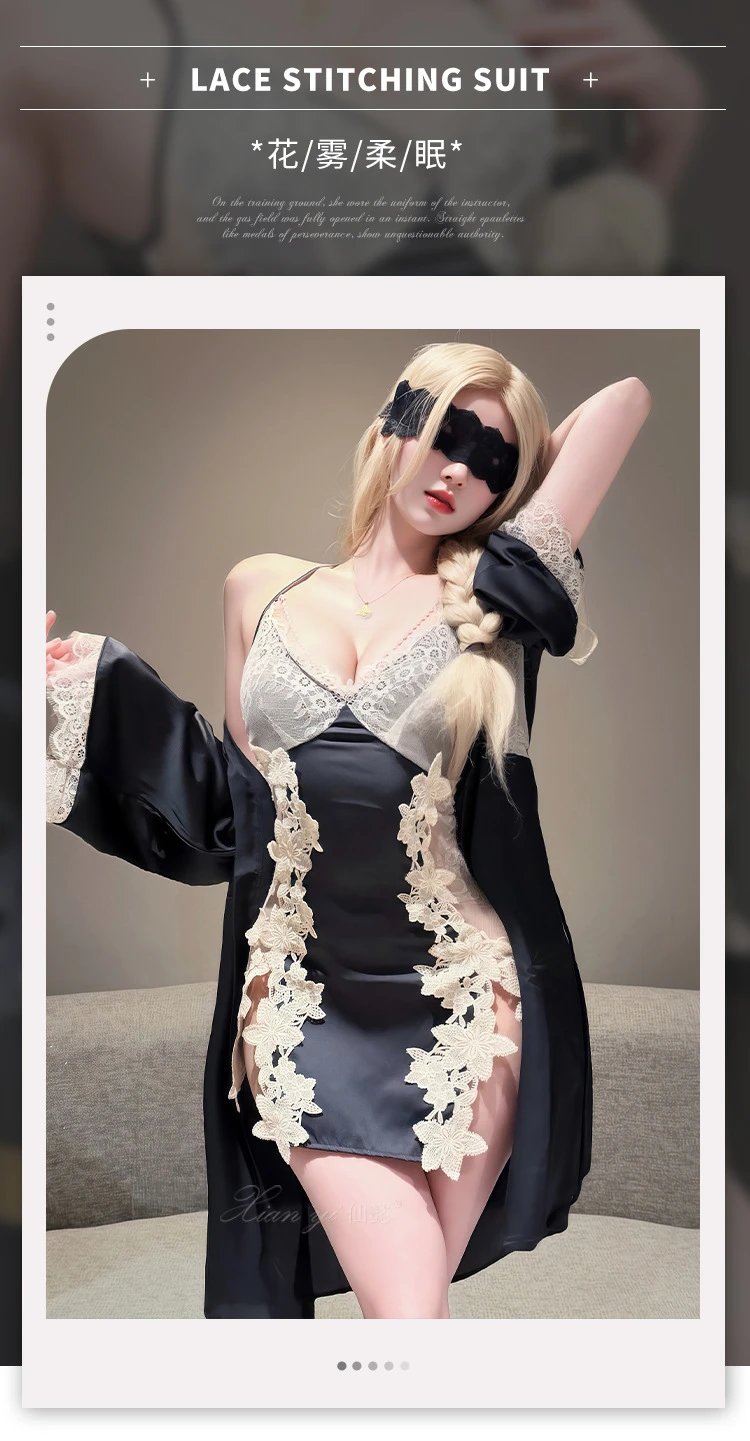 Design #753 Black Lace-Trimmed Satin Chemise with Floral Appliqué Underwear - 4