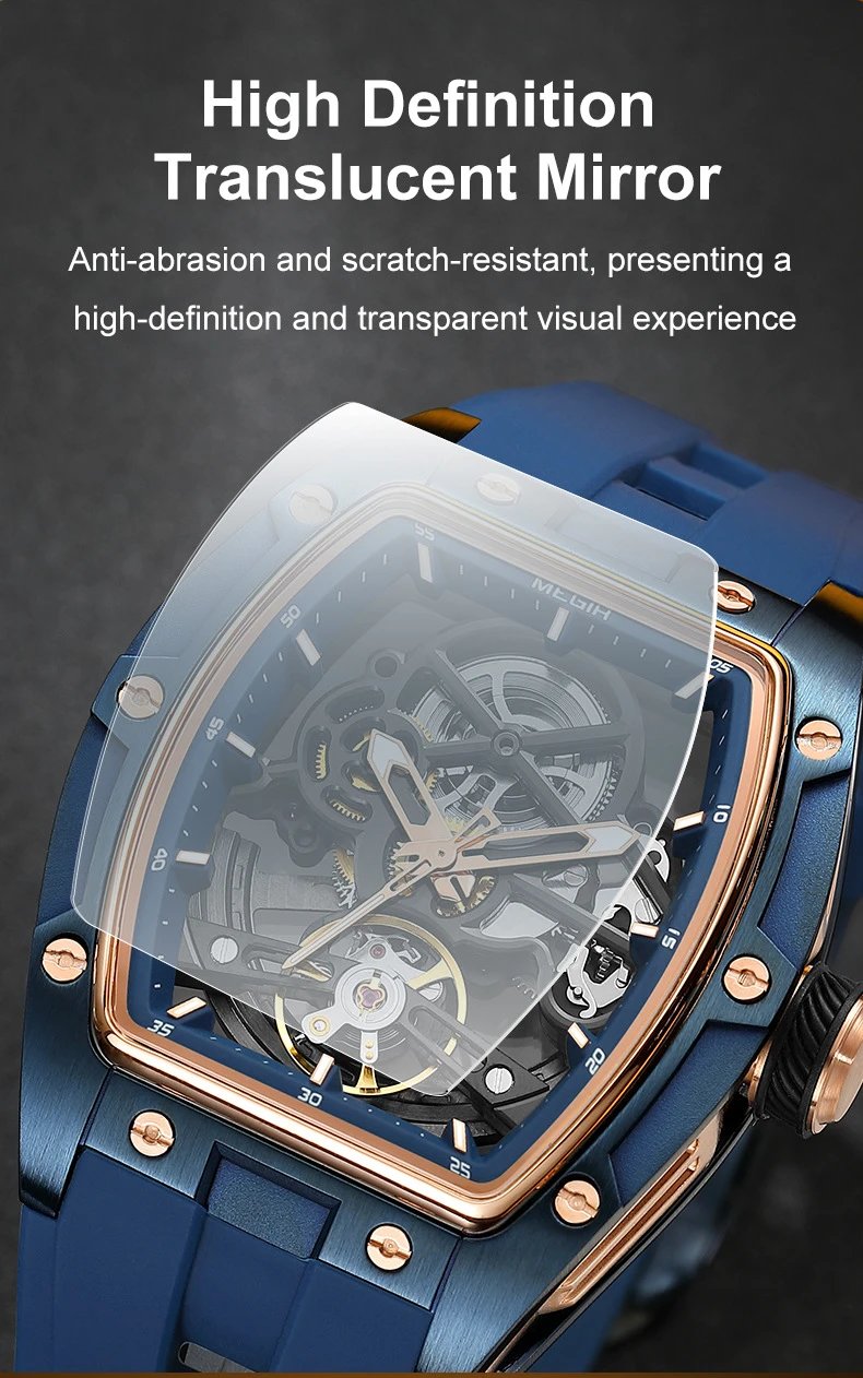Design MEGIR Skeleton Mechanical Watch Blue Rubber Strap Watches - 6