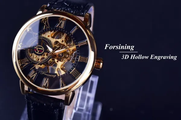Design Fosining Skeleton Mechanical Watch Gold White Leather Strap Watches - 6