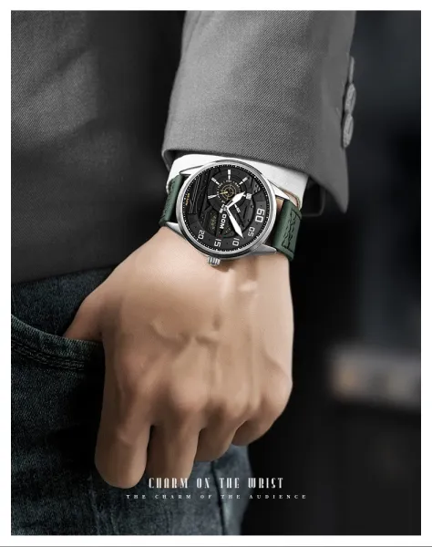 Design DOM DOM Chronograph Military Green Leather Strap Watch Watches - 8