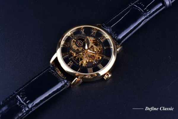 Design Fosining Skeleton Mechanical Watch Gold White Leather Strap Watches - 7