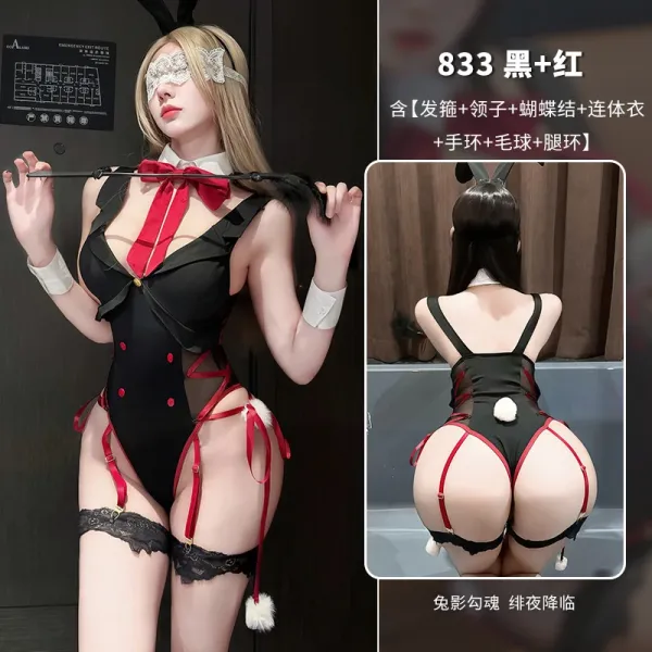 Design Bunny Maid Bodysuit Black Red with Garter Belt and Thigh Rings Underwear - 1