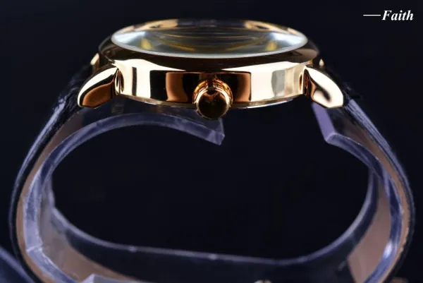 Design Fosining Skeleton Mechanical Watch Gold White Leather Strap Watches - 9