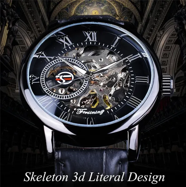 Design Fosining Skeleton Mechanical Watch Gold White Leather Strap Watches - 11