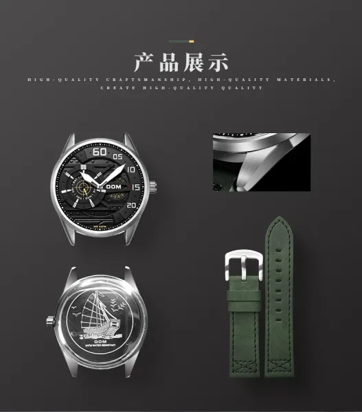 Design DOM DOM Chronograph Military Green Leather Strap Watch Watches - 13
