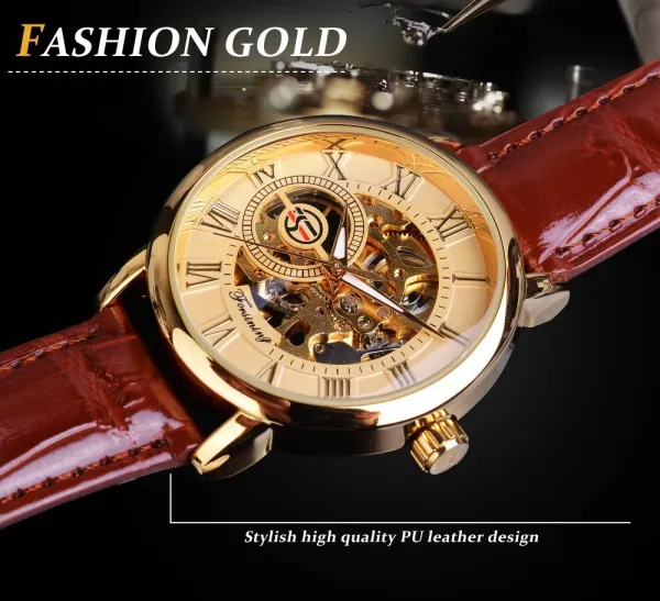 Design Fosining Skeleton Mechanical Watch Gold White Leather Strap Watches - 23