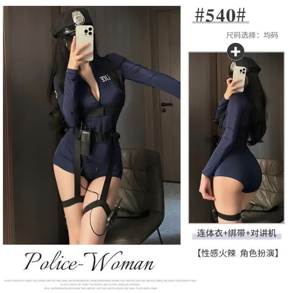 Design Police Woman Costume Set Navy Blue Bodysuit with Harness and Walkie-Talkie Dress - 1