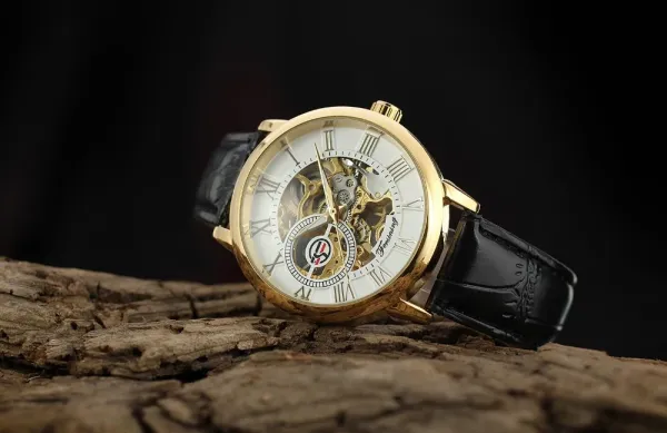 Design Fosining Skeleton Mechanical Watch Gold White Leather Strap Watches - 31
