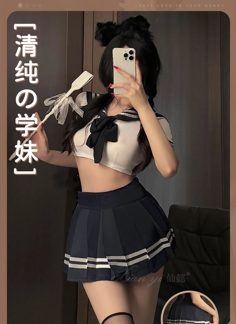 Design Sailor-Style Crop Top + Pleated Skirt Set Navy White - 4