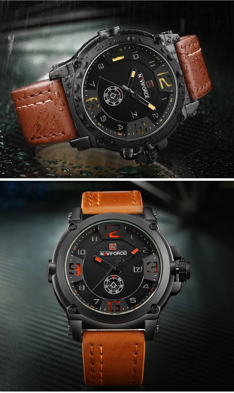 Design NAVIFORCE Military-Style Chronograph Black Dial Brown Leather Strap Watch Watches - 16