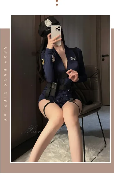 Design Police Woman Costume Set Navy Blue Bodysuit with Harness and Walkie-Talkie Dress - 10