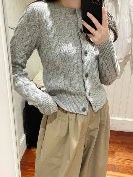 Design Cable Knit Cardigan Beige Wool Blend Cardigan - 6