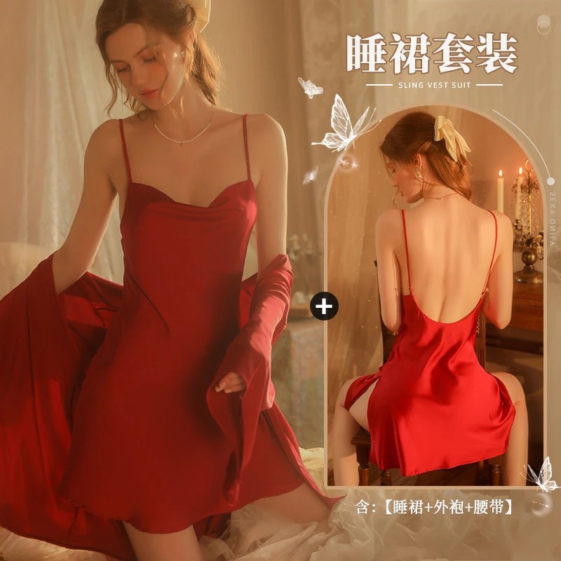 酒红套装（睡裙+外袍）