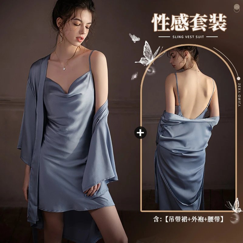 深蓝套装（睡裙+外袍）