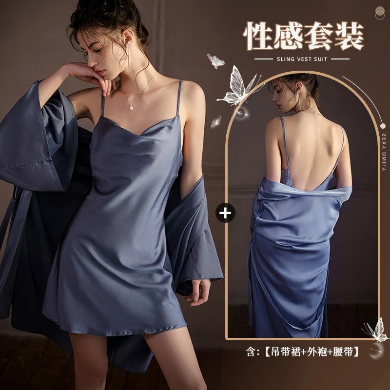 蓝灰套装（睡裙+外袍）