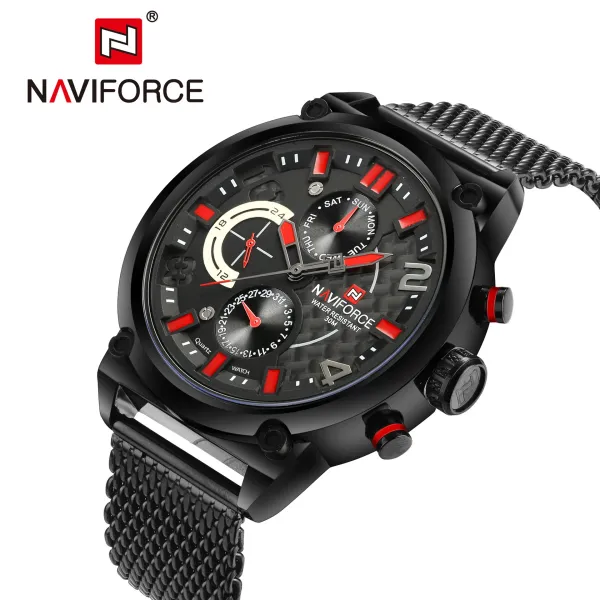 Design NAVIFORCE Chronograph Black Red Mesh Strap Quartz Watch Watches - 1