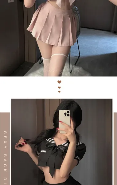 Design Sailor-Style Crop Top and Pleated Skirt Set with Sheer Thigh-High Stockings - 11