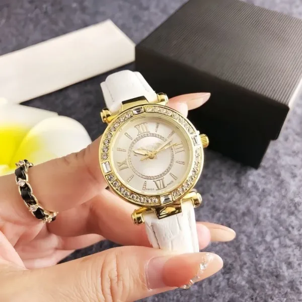 Design Quartz Watch with Crystal Bezel and Gray Leather Strap Watches - 10
