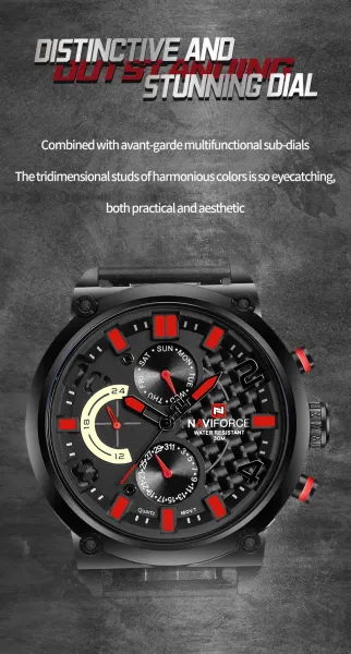 Design NAVIFORCE Chronograph Black Red Mesh Strap Quartz Watch Watches - 5
