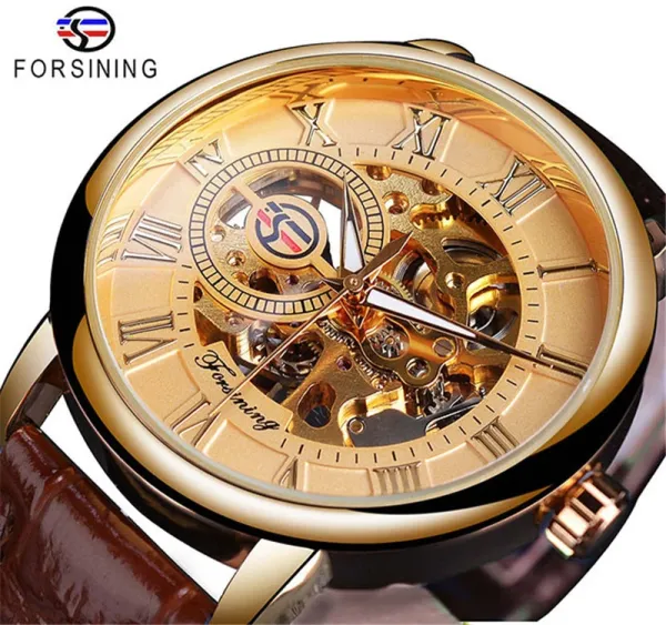 Design Fosining Skeleton Mechanical Watch Gold White Leather Strap Watches - 19