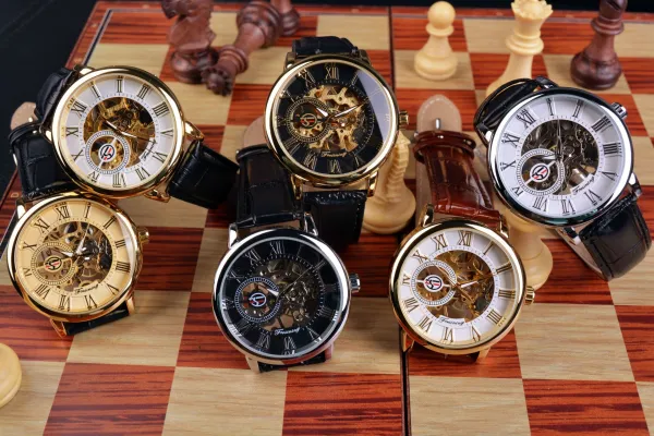Design Fosining Skeleton Mechanical Watch Gold White Leather Strap Watches - 27