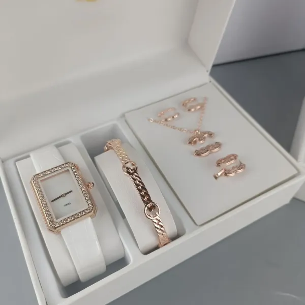 Design Rectangular Crystal-Set Watch and Rose Gold Jewelry Set White Accessories - 1