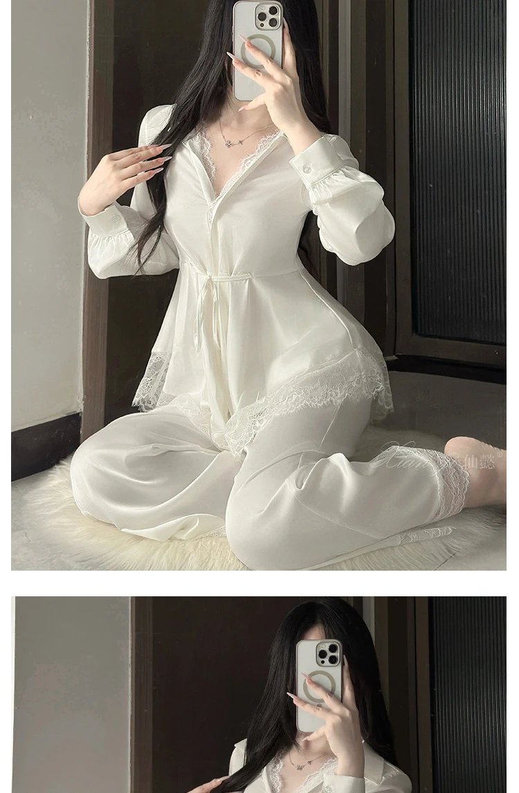 Design Lace-Trimmed Satin Pajama Set White Sleepwear - 7