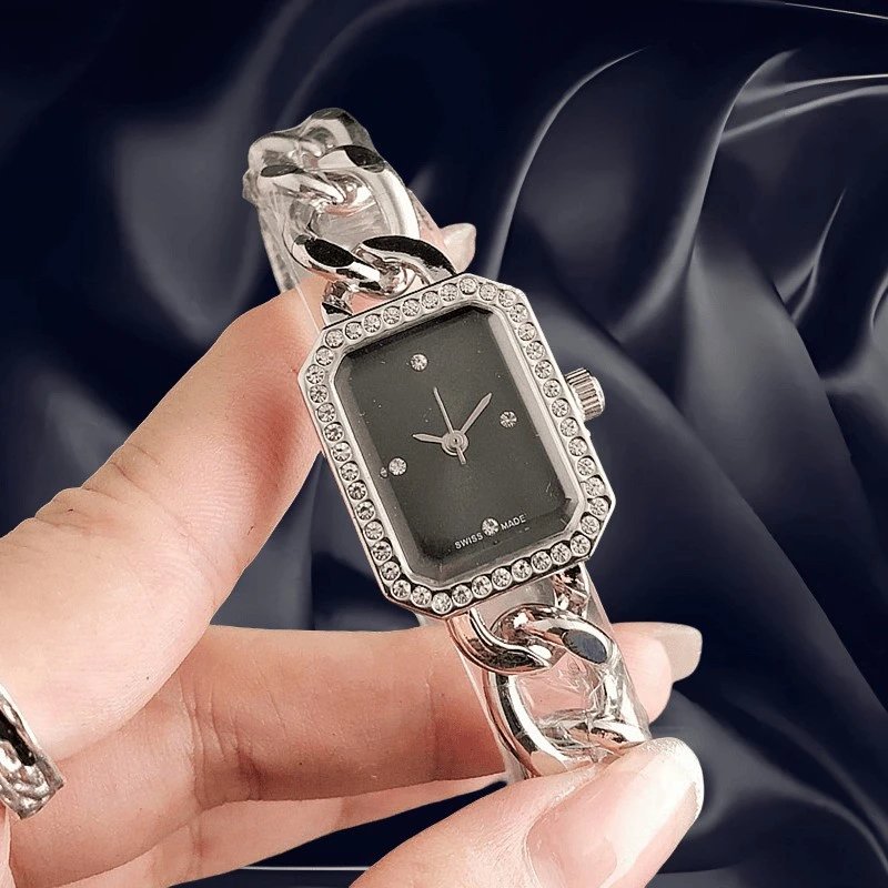 Design Rectangular Crystal-Embellished Gold-Tone Chain Watch Black Dial Watches - 5
