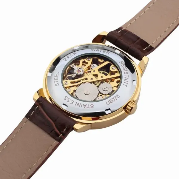 Design Fosining Skeleton Mechanical Watch Gold White Leather Strap Watches - 35