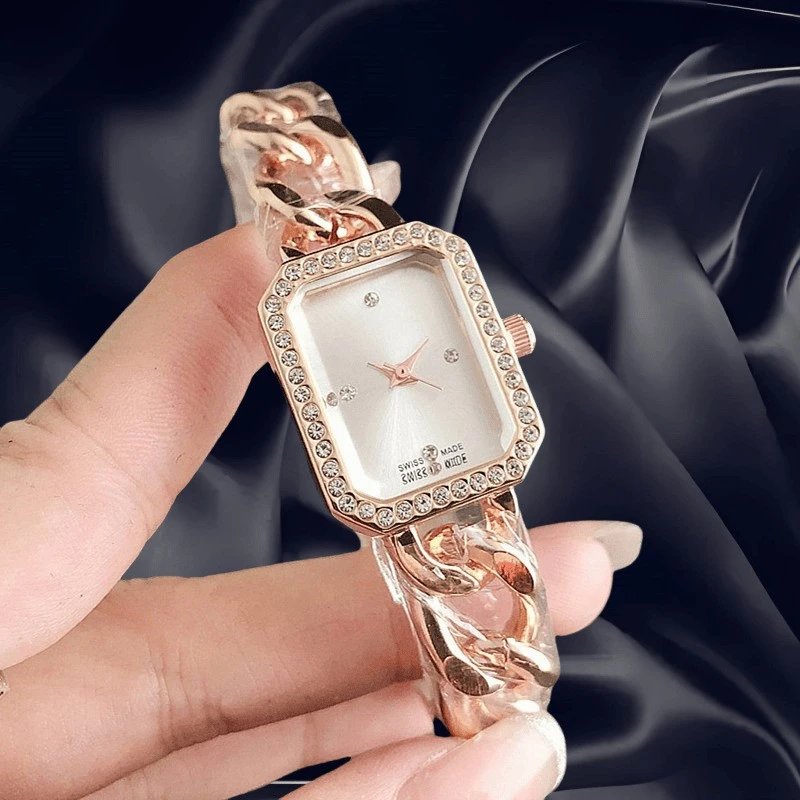 Design Rectangular Crystal-Embellished Gold-Tone Chain Watch Black Dial Watches - 3