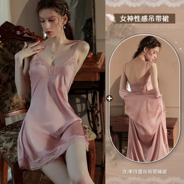 Design Silk Lace Trim Camisole Sleep Dress Pink Sleepwear - 1