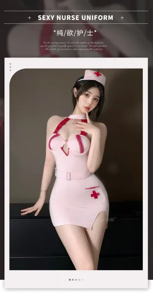 Design Nurse Costume Set Pink Red Lace Dress - 5