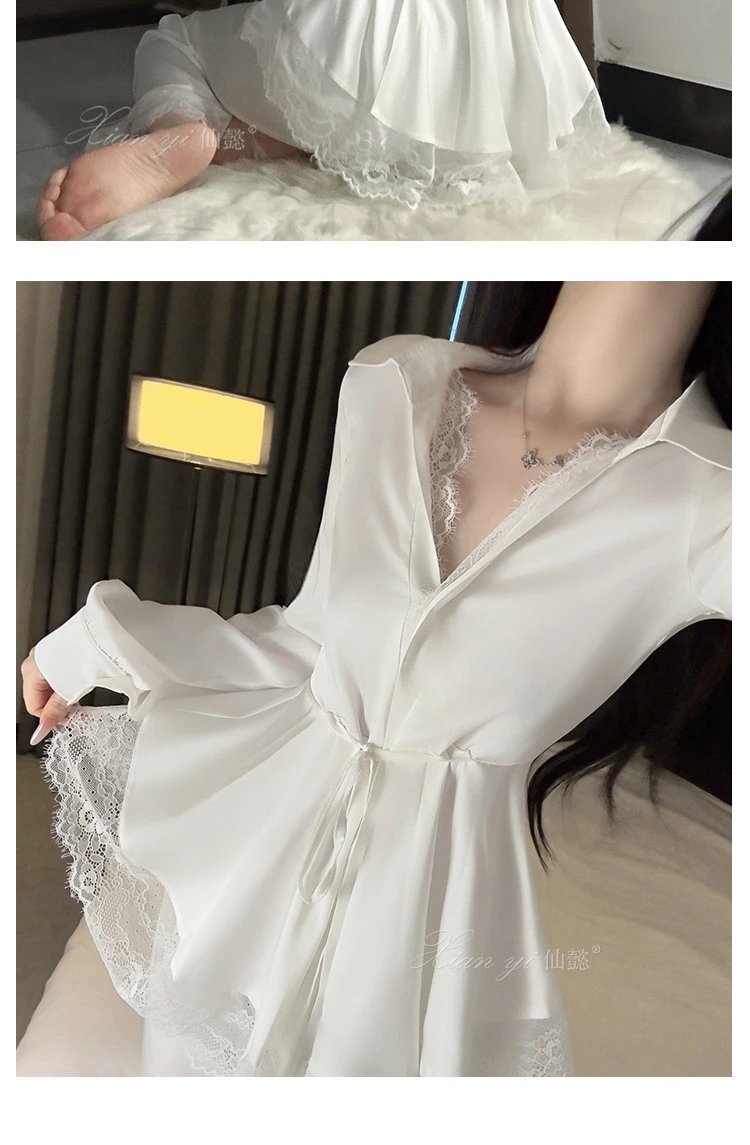 Design Lace-Trimmed Satin Pajama Set White Sleepwear - 9